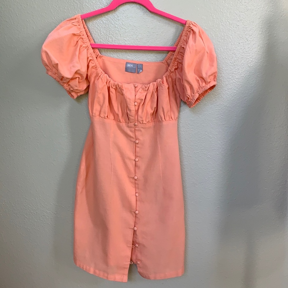 ASOS puff sleeve cotton linen coral dress